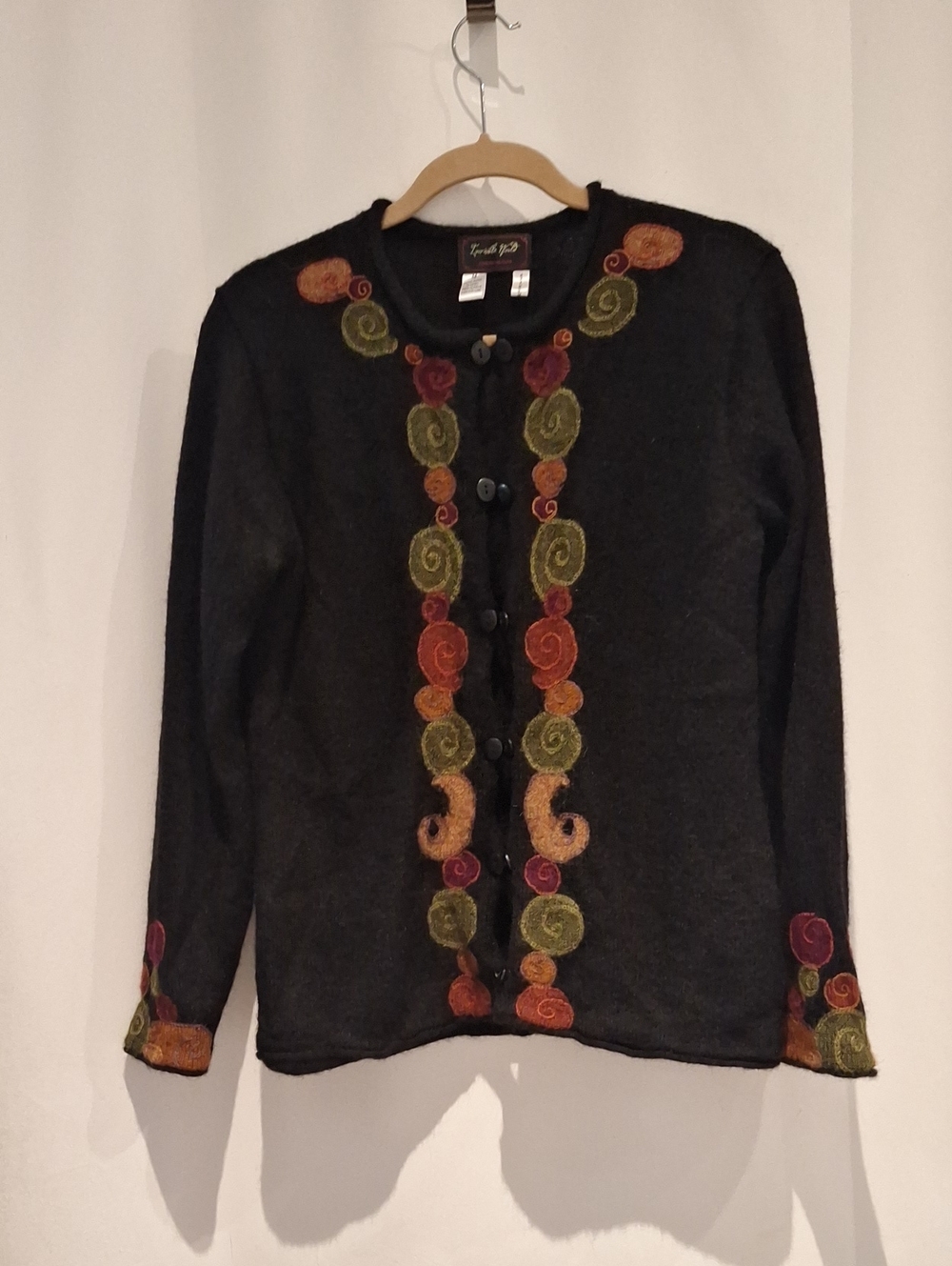 Invisable World Alpaca Black Sweater with Multicolor Spiral Embroidery